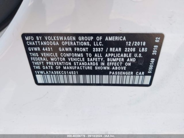 1VWLA7A35KC014521 Volkswagen Passat 2.0t Wolfsburg Edition