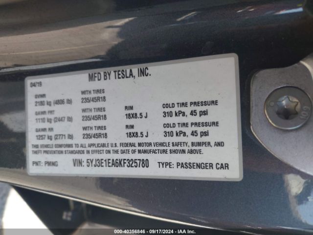 5YJ3E1EA6KF325780 Tesla Model 3 Long Range/mid Range/standard Range/standard Range Plus
