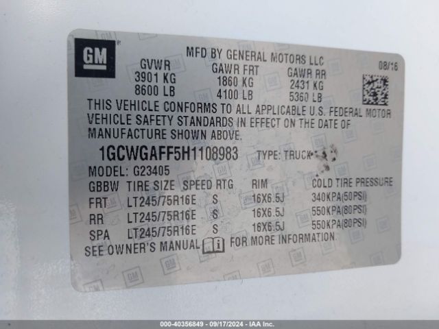 1GCWGAFF5H1108983 Chevrolet Express 2500 Work Van