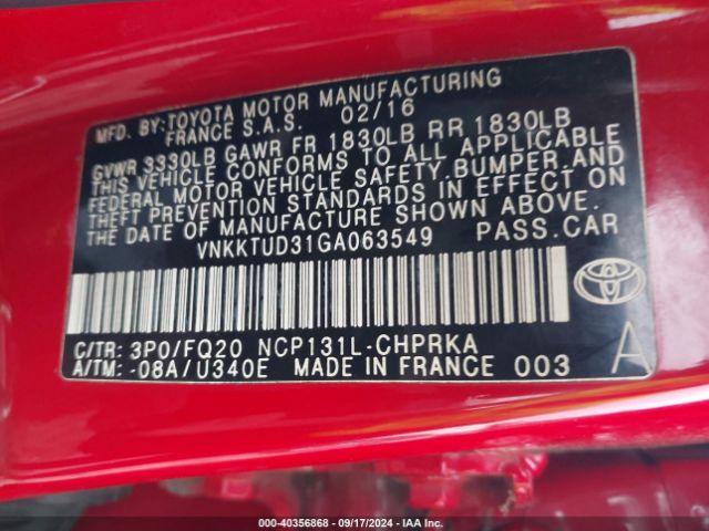 VNKKTUD31GA063549 Toyota YARIS L