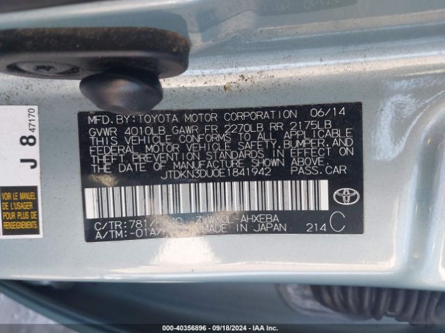 JTDKN3DU0E1841942 Toyota Prius Two