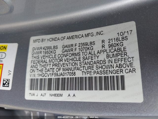 1HGCV1F59JA017058 Honda Accord Ex-l