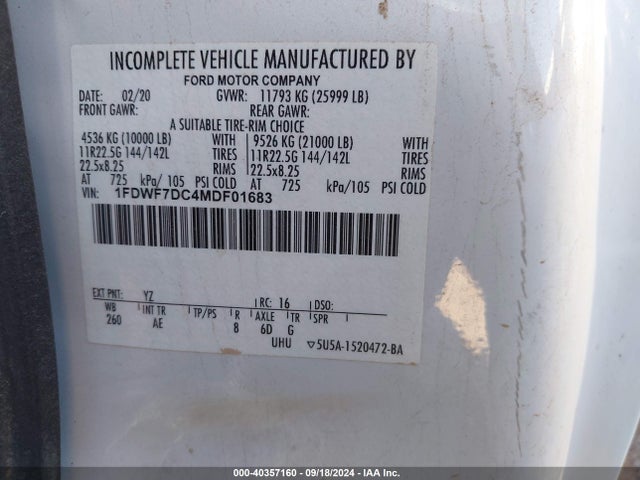 Продажа на аукционе авто 2021 Ford F-750 Diesel, vin: 1FDWF7DC4MDF01683, номер лота: 40357160