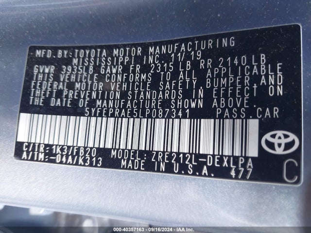 Toyota COROLLA LE 2020 5YFEPRAE5LP087341 Image 9