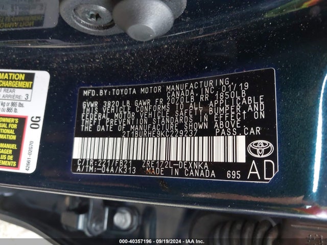 Toyota COROLLA LE 2019 2T1BURHE9KC229237 Image 9
