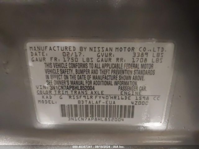 3N1CN7AP8HL852004 Nissan Versa 1.6 S