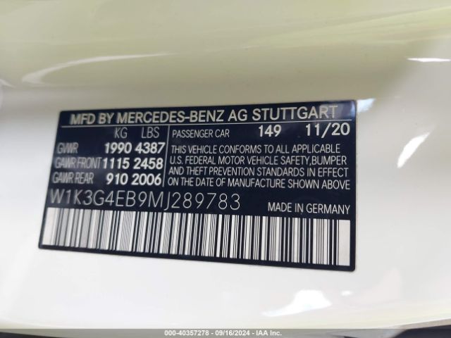 W1K3G4EB9MJ289783 Mercedes-Benz A 220