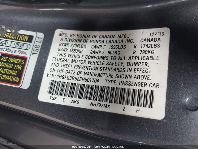 Honda Civic Lx 2014 2HGFG3B52EH501704 Image 9
