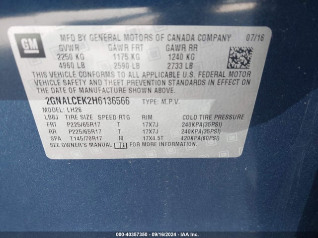 Chevrolet EQUINOX LT 2017 2GNALCEK2H6136566 Image 9