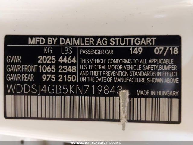 WDDSJ4GB5KN719843 Mercedes-Benz CLA 250 4MATIC