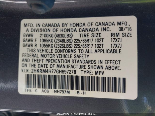 2HKRM4H77GH697278 Honda Cr-v Ex-l