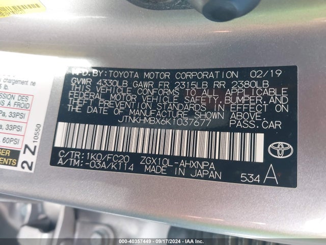 Toyota C-HR LE 2019 JTNKHMBX6K1037677 Image 9
