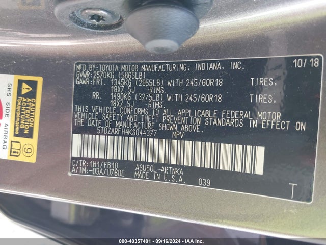 5TDZARFH4KS044377 Toyota Highlander Le