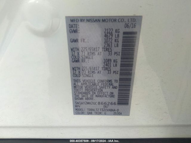 5N1AT2MV2GC866266 Nissan ROGUE SV