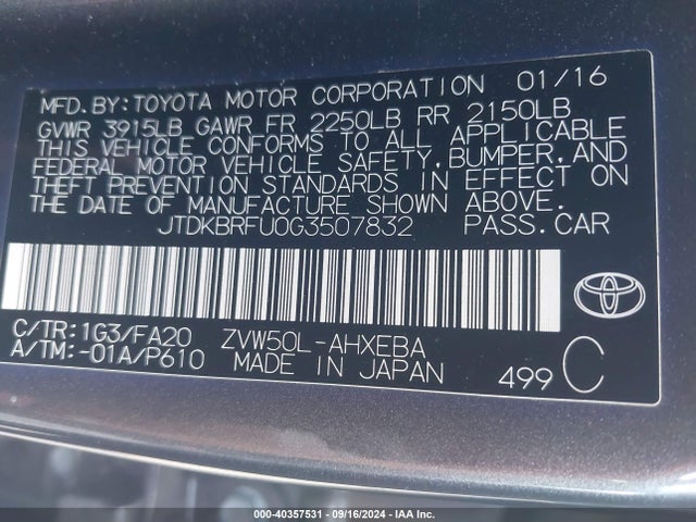 Toyota Prius Two 2016 JTDKBRFU0G3507832 Image 9