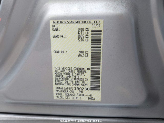 Nissan Altima 2.5 S 2015 1N4AL3AP2FC190230 Image 9