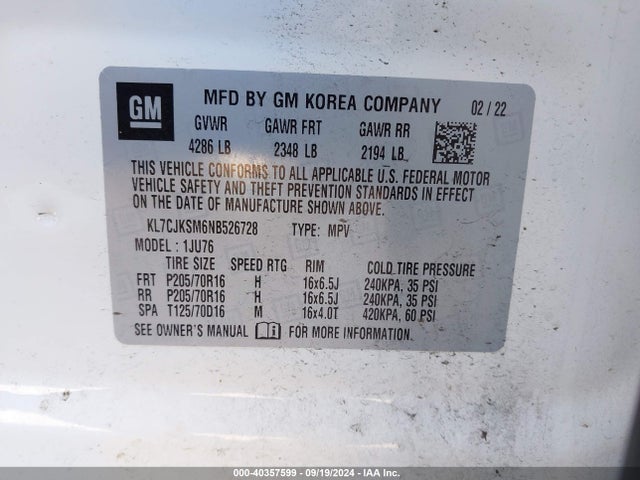 Chevrolet Trax Fwd Ls 2022 KL7CJKSM6NB526728 Image 9