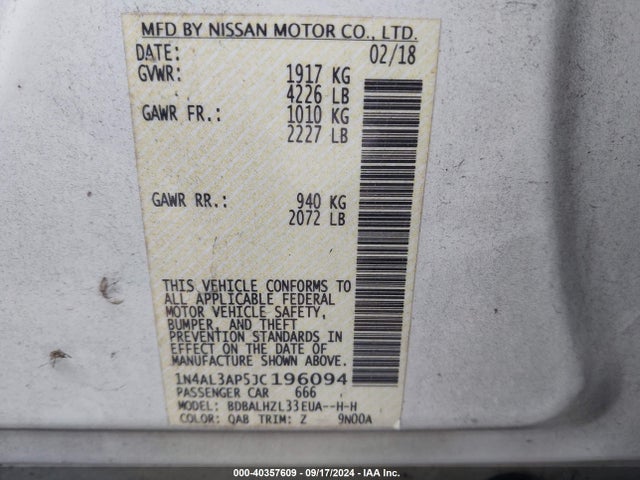 Nissan Altima 2.5 Sr 2018 1N4AL3AP5JC196094 Image 9