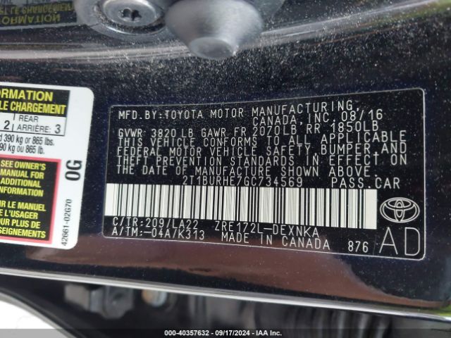 2T1BURHE7GC734569 Toyota Corolla Le Premium