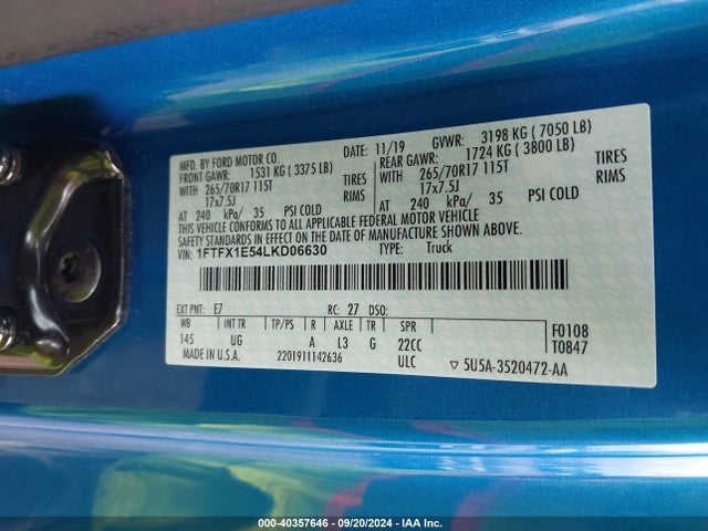 Ford F-150 Xlt 2020 1FTFX1E54LKD06630 Image 9