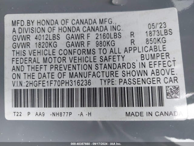 Honda Civic Ex /ex W/o Bsi 2023 2HGFE1F70PH316236 Image 9