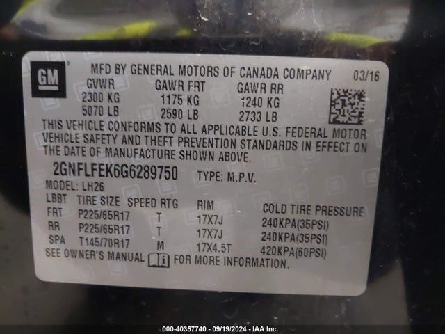 Chevrolet EQUINOX LT 2016 2GNFLFEK6G6289750 Image 9