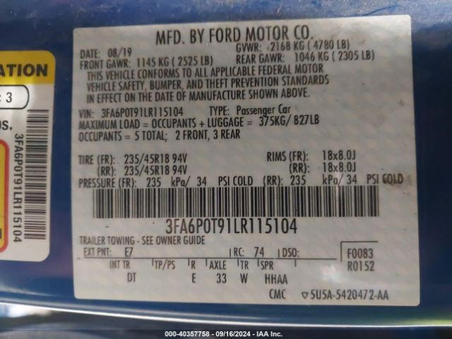 3FA6P0T91LR115104 Ford FUSION SE