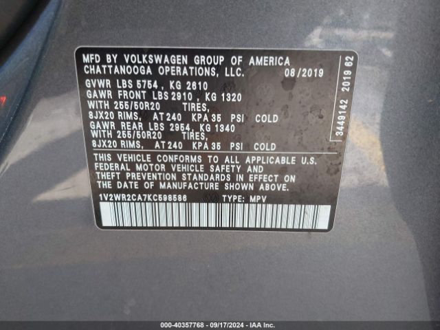 1V2WR2CA7KC598586 Volkswagen Atlas 3.6l V6 Se W/technology