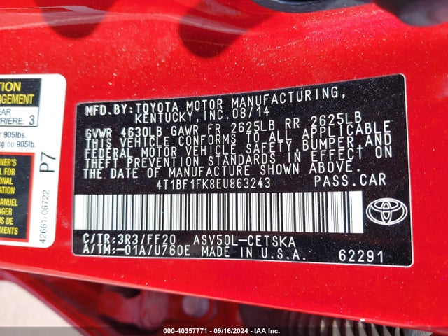 Toyota CAMRY SE 2014 4T1BF1FK8EU863243 Image 9