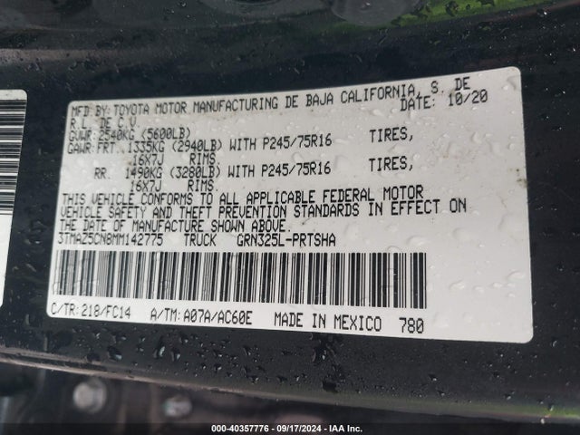 Toyota Tacoma Sr5 V6 2021 3TMAZ5CN8MM142775 Image 9