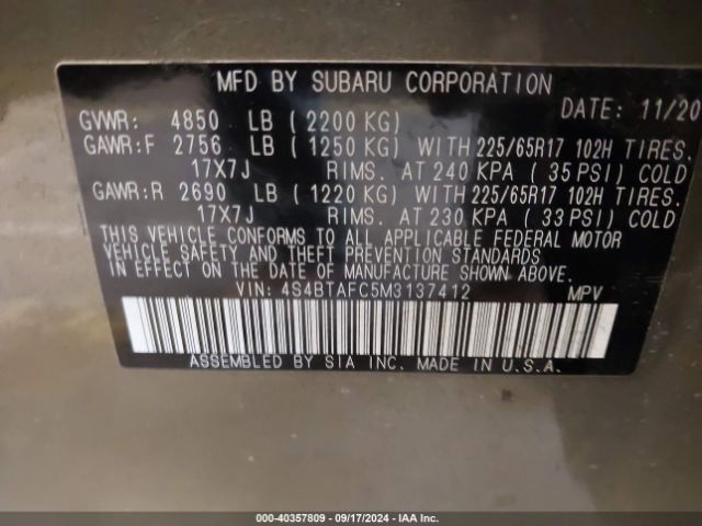 4S4BTAFC5M3137412 Subaru Outback Premium