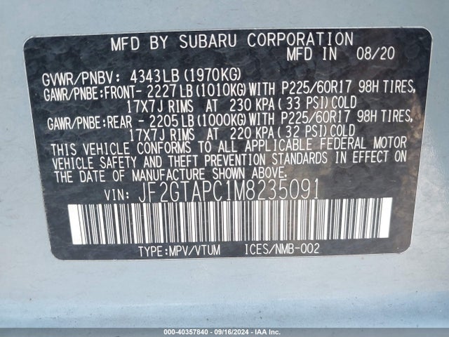Subaru Crosstrek Premium 2021 JF2GTAPC1M8235091 Image 9