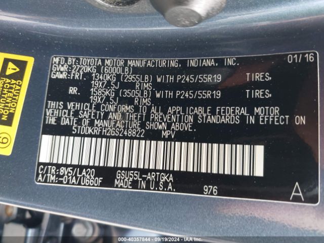 5TDDKRFH2GS248822 Toyota Highlander Limited V6