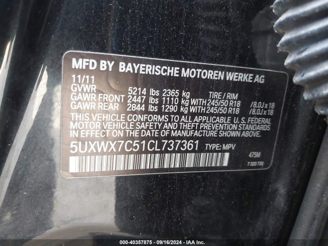Продаж на аукціоні авто 2012 Bmw X3 Xdrive35i, vin: 5UXWX7C51CL737361, номер лоту: 40357875