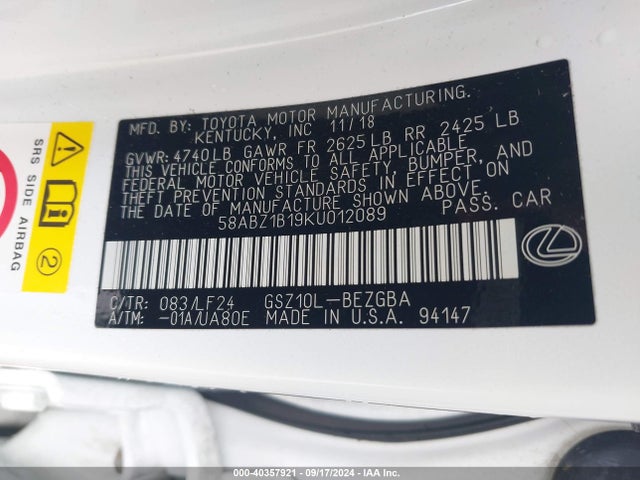 58ABZ1B19KU012089 Lexus Es 350 F Sport