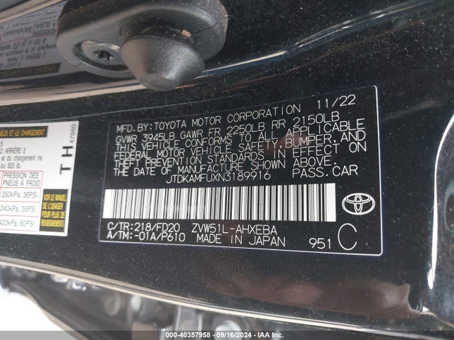 Toyota Prius Le 2022 JTDKAMFUXN3189916 Image 9