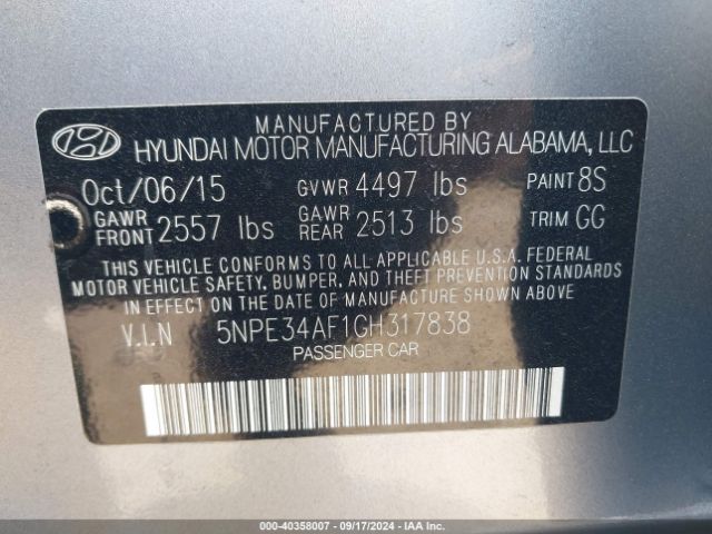 5NPE34AF1GH317838 Hyundai Sonata Limited