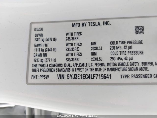 5YJ3E1EC4LF719541 Tesla Model 3 Performance Dual Motor All-wheel Drive