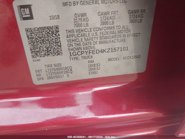 Chevrolet Silverado 1500 Lt Trail Boss 2019 1GCPYFED4KZ157101 Image 9