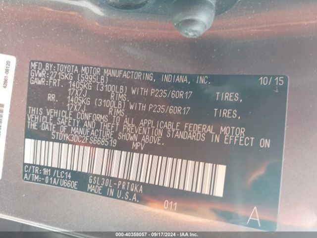 5TDYK3DC2FS668519 Toyota Sienna Xle Premium 8 Passenger