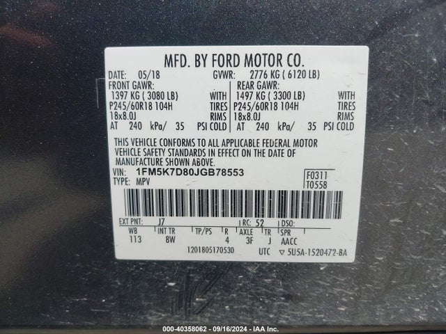Ford EXPLORER XLT 2018 1FM5K7D80JGB78553 Image 9