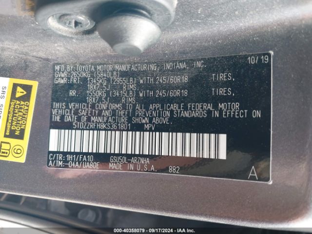 5TDZZRFH8KS361801 Toyota Highlander Le Plus