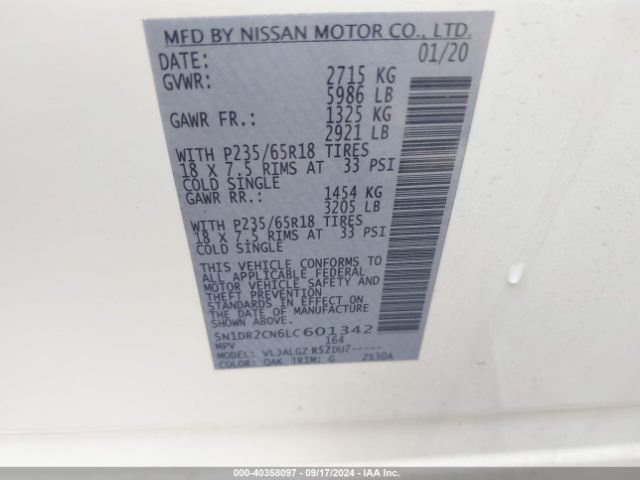 5N1DR2CN6LC601342 Nissan Pathfinder Sl 2wd
