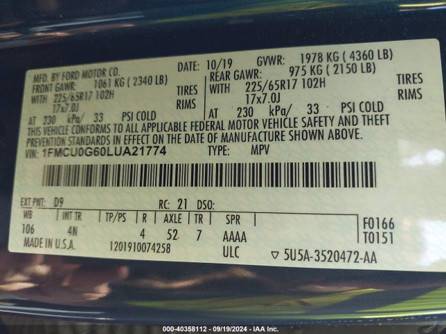 Ford ESCAPE SE 2020 1FMCU0G60LUA21774 Image 9