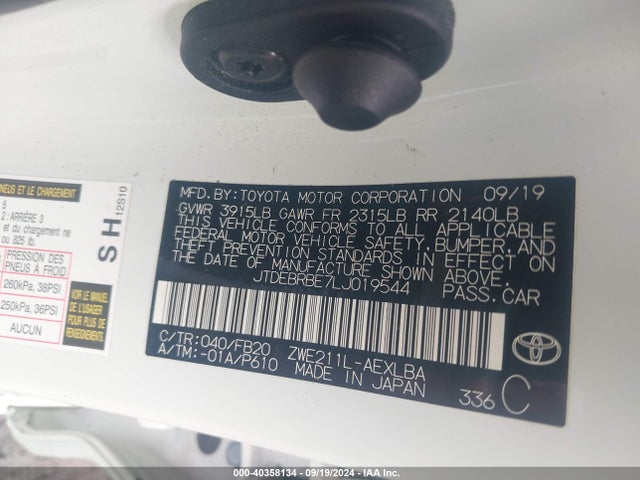 Toyota Corolla Hybrid Le 2020 JTDEBRBE7LJ019544 Image 9