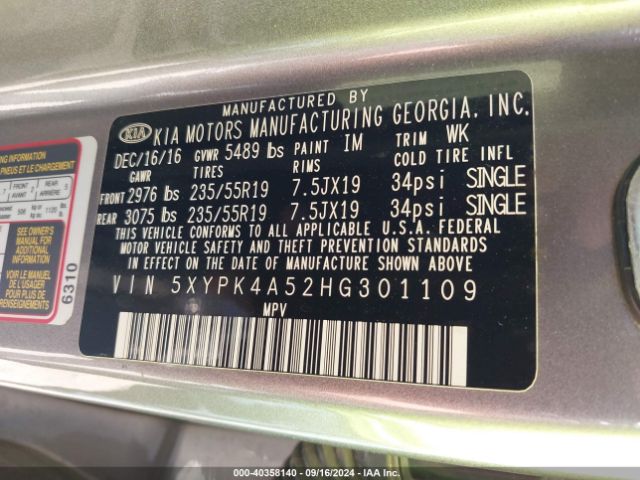 5XYPK4A52HG301109 KIA Sorento 3.3l Sxl