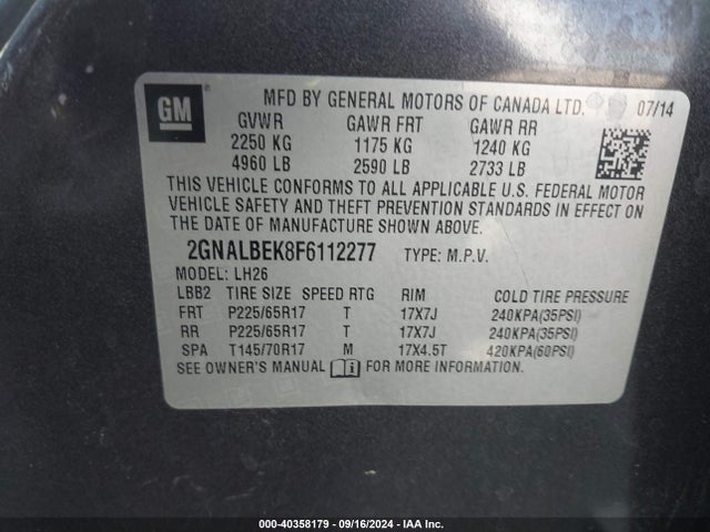 Chevrolet EQUINOX 1LT 2015 2GNALBEK8F6112277 Image 9