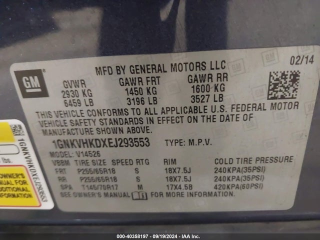 Chevrolet Traverse 2lt 2014 1GNKVHKDXEJ293553 Image 9