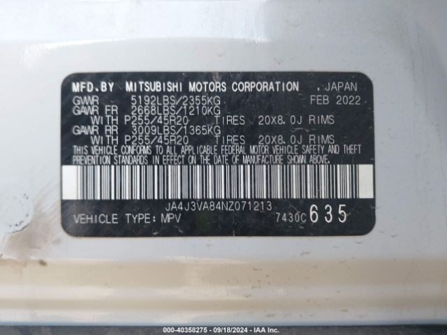 2022 MITSUBISHI OUTLANDER JA4J3VA84NZ071213 Photo 8
