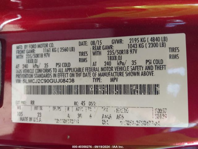 5LMCJ2C90GUJ08498 Lincoln MKC SELECT